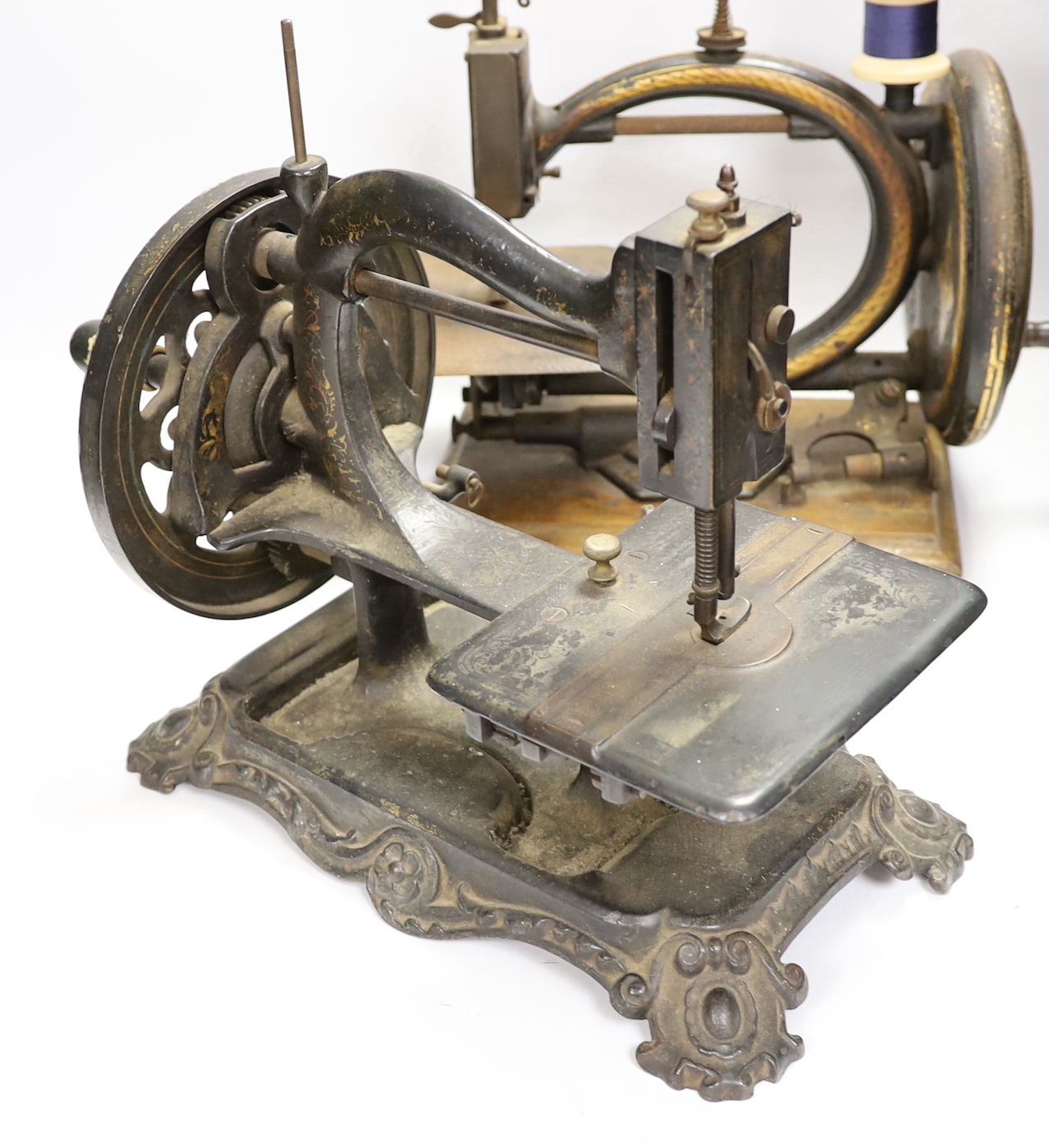 Three Victorian sewing machines, including Willcox and Gibbs and Smith and co, The Seymour patent